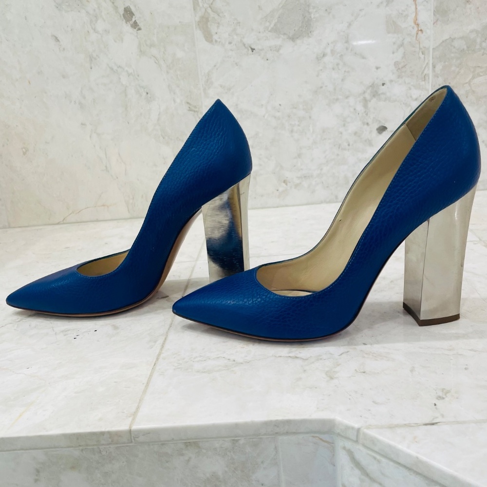 POLLINI {39.5} Heels Blue Silver Chunky Heel Pointed Toe - Picture 5 of 6